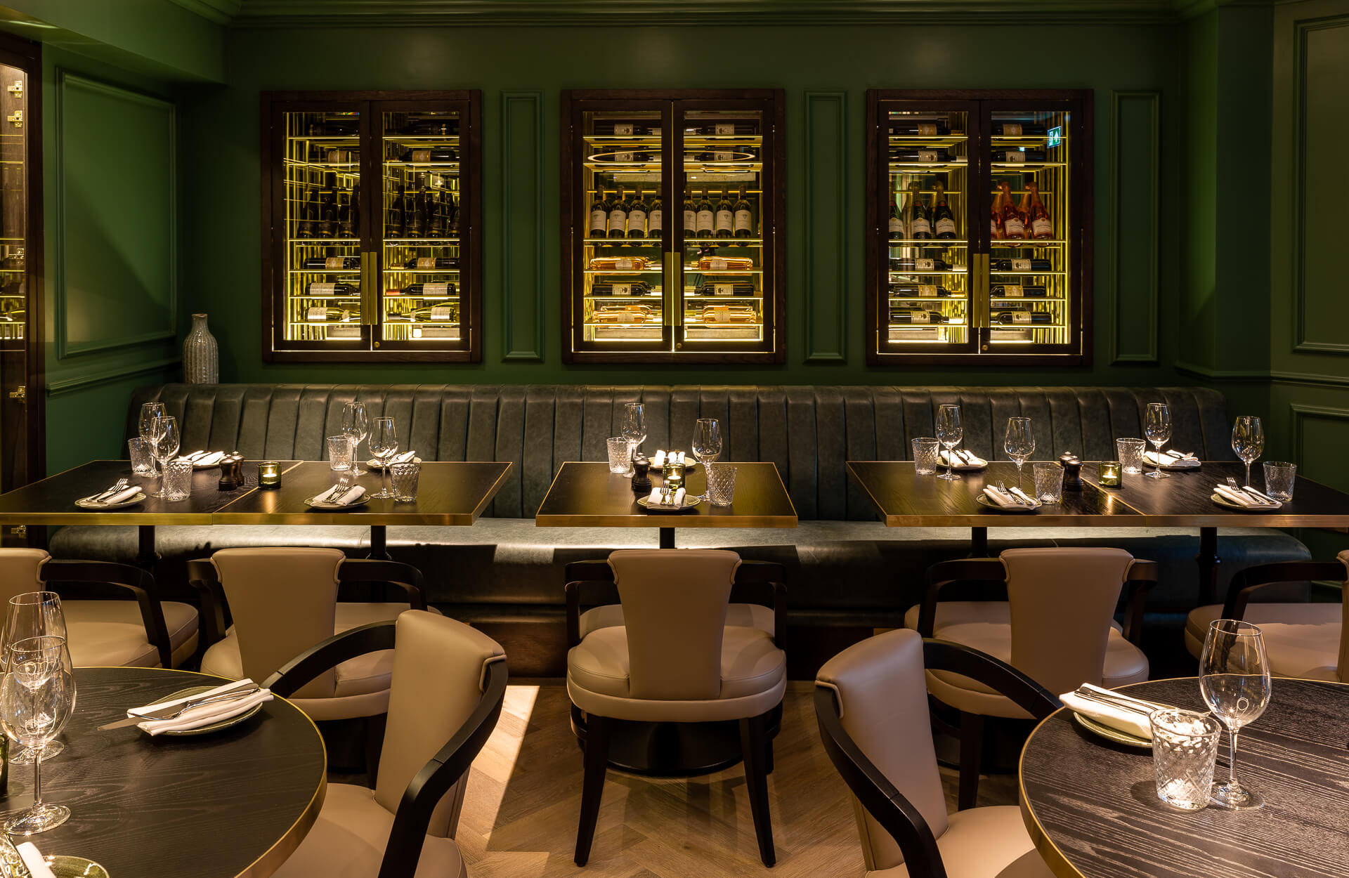 Seating area inside the wine room at Hans' Bar & Grill